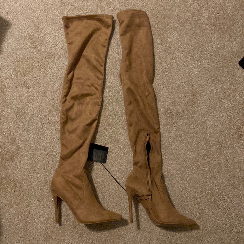 Thigh high brown shade heel boots
